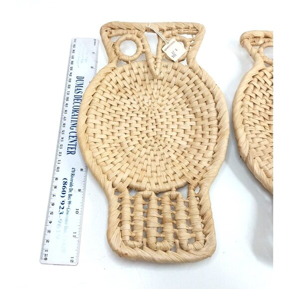 Set Of 2 Handwoven Straw Owl Baskets Wall Hanging Trivets Rustic Bohio Chic - Picture 4 of 7